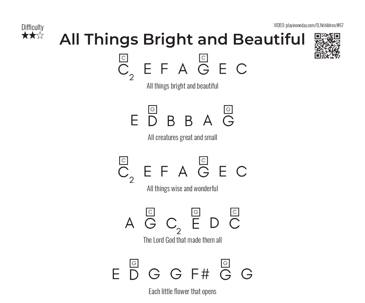 All Things Bright and Beautiful letter notes piano
